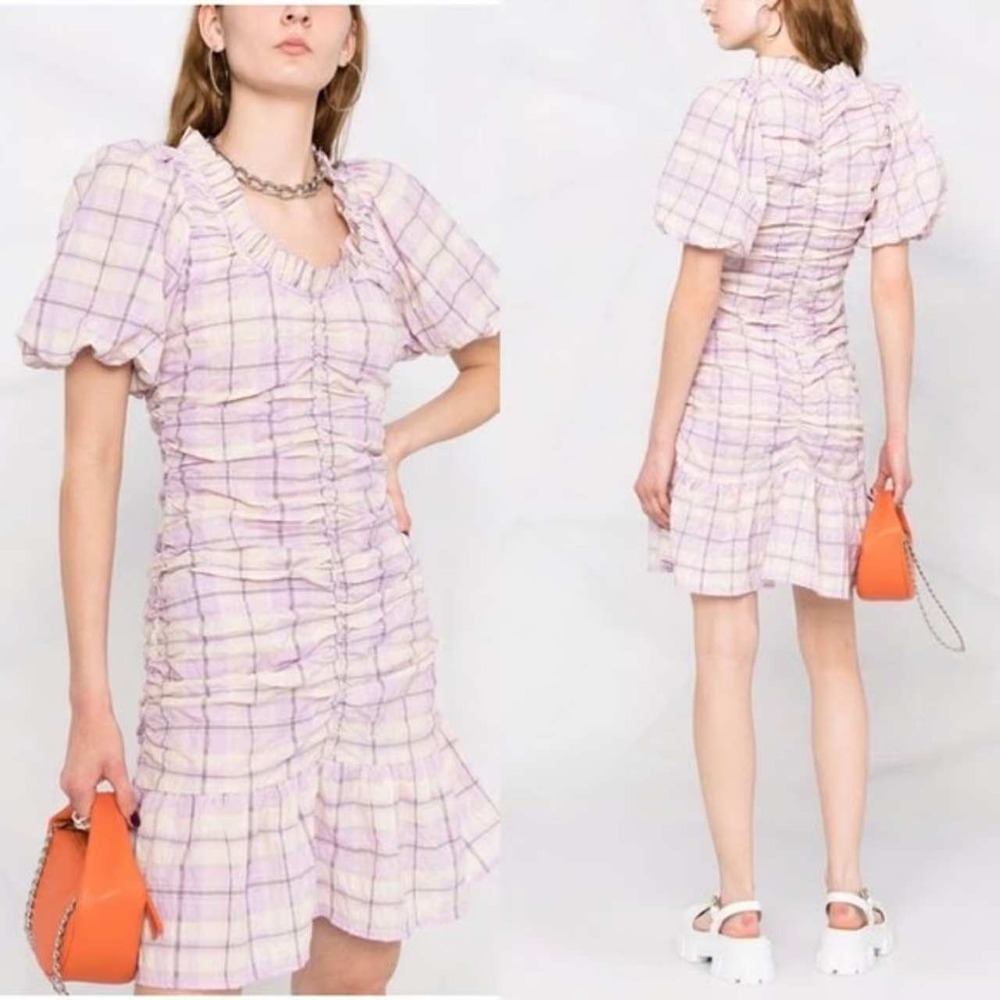 Ganni Ruched Checked Organic Cotton-Blend Seersucker Mini Dress Size 36 / Small